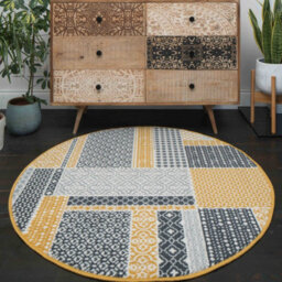 Loomed Yellow Ochre Grey Floral Patchwork Living Room Round Circular Mat 160X160Cm - thumbnail 1