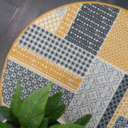 Loomed Yellow Ochre Grey Floral Patchwork Living Room Round Circular Mat 160X160Cm - thumbnail 2