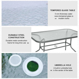 Outsunny Metal Garden Dining Table Outdoor Patio W/ Glass, Umbrella Hole - thumbnail 6