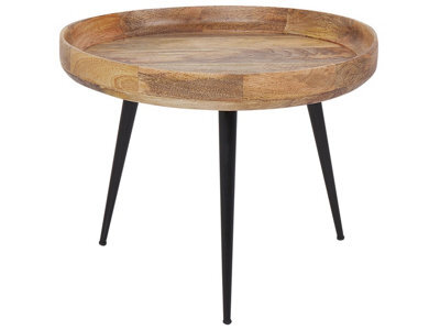 Beliani Light Brown Mango Top Coffee Table With Black Tripod Base And Raised Edges, 51Cm Round - image 1