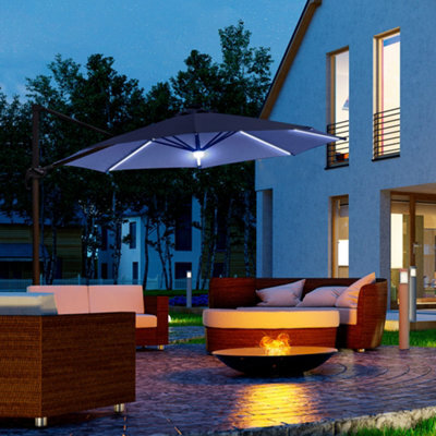 Outsunny 3 M Led Cantilever Parasol Outdoor With Base Solar Lights Blue