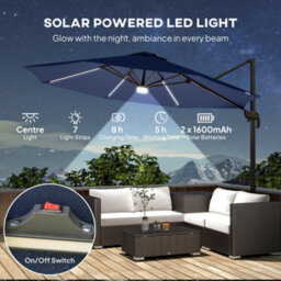 Outsunny 3 M Led Cantilever Parasol Outdoor With Base Solar Lights Blue - thumbnail 4