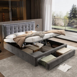 BTM Upholstered Bed Double Bed 4Ft6 135X190 Cm Velvet Fabric Large Storage Slats Headboard Without Mattress Grey - thumbnail 4