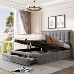 BTM Upholstered Bed Double Bed 4Ft6 135X190 Cm Velvet Fabric Large Storage Slats Headboard Without Mattress Grey