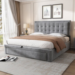 BTM Upholstered Bed Double Bed 4Ft6 135X190 Cm Velvet Fabric Large Storage Slats Headboard Without Mattress Grey - thumbnail 3