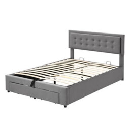 BTM Upholstered Bed Double Bed 4Ft6 135X190 Cm Velvet Fabric Large Storage Slats Headboard Without Mattress Grey - thumbnail 8