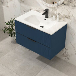 Royal Bathrooms Evora 800mm Midnight Blue Fluted Wall Hung Bathroom Vanity Unit 2 Drawer Cabinet Storage With Ceramic Basin & Matt Black Handles - thumbnail 6