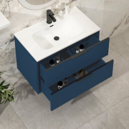 Royal Bathrooms Evora 800mm Midnight Blue Fluted Wall Hung Bathroom Vanity Unit 2 Drawer Cabinet Storage With Ceramic Basin & Matt Black Handles - thumbnail 5