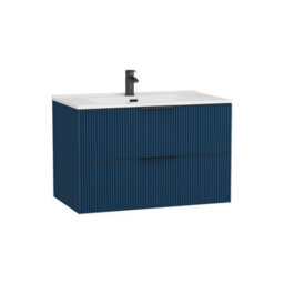 Royal Bathrooms Evora 800mm Midnight Blue Fluted Wall Hung Bathroom Vanity Unit 2 Drawer Cabinet Storage With Ceramic Basin & Matt Black Handles - thumbnail 7
