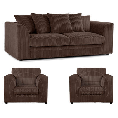 Furnishings For Less UK Luxor Jumbo Cord 3 + 1 + 1 Fabric 3 Piece Sofa Suite - Scatter Back Chocolate - image 1