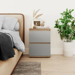 Urbn-Living Urbnliving Height 49Cm 2 Drawer Wooden Bedroom Bedside Cabinet Colour Oak Carcass And Grey Drawers No Handle Nightstand - thumbnail 2
