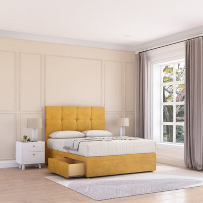 Sloomy Jasmine Mustard Plush 4Ft Memory Foam Bed Set With 2 Drawers, Mattress & Headboard- Small Double - image 1