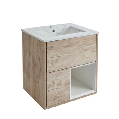 Homestylestore 612mm Light Oak Wall Hung Bathroom Vanity Unit Open Shelf Marble Effect Basin - image 1