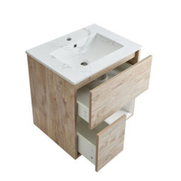 Homestylestore 612mm Light Oak Wall Hung Bathroom Vanity Unit Open Shelf Marble Effect Basin - thumbnail 2