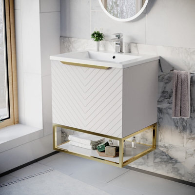 Nes Home 600mm Wall Hung Pink Drawers Basin Vanity Brushed Brass Frame & Handle - image 1