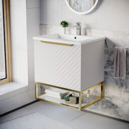 Nes Home 600mm Wall Hung Pink Drawers Basin Vanity Brushed Brass Frame & Handle - thumbnail 1