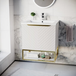Nes Home 600mm Wall Hung Pink Drawers Basin Vanity Brushed Brass Frame & Handle - thumbnail 2