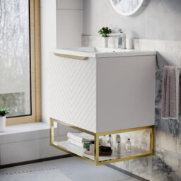Nes Home 600mm Wall Hung Pink Drawers Basin Vanity Brushed Brass Frame & Handle - thumbnail 3