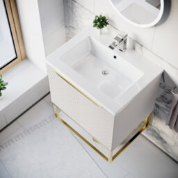 Nes Home 600mm Wall Hung Pink Drawers Basin Vanity Brushed Brass Frame & Handle - thumbnail 4