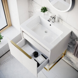 Nes Home 600mm Wall Hung Pink Drawers Basin Vanity Brushed Brass Frame & Handle - thumbnail 5