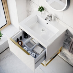 Nes Home 600mm Wall Hung Pink Drawers Basin Vanity Brushed Brass Frame & Handle - thumbnail 6