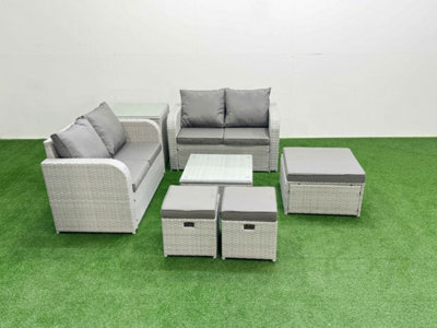 Fimous 7 Seater Outdoor Love Sofa Set Rattan Garden Furniture Set Square Coffee Table 3 Footstool Side Table Light Grey - image 1
