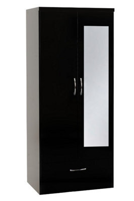 Seconique Nevada Mirrored 2 Door 1 Drawer Robe In Black Gloss Finish - image 1