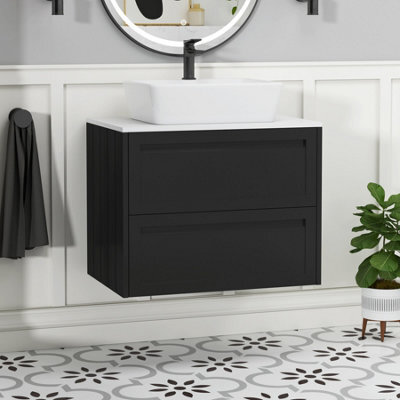 Royal Bathrooms Royal Bathroom Elmore 700mm Matt Nocturne Black Wall Mounted Bathroom Vanity Unit 2 Drawer Plain White Worktop With Cube Basin - image 1