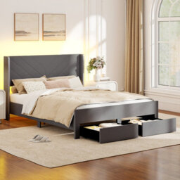 Costway King Size Bed Frame With Led Lights Dutch Velvet Bed With 2 Storage Drawers-Grey - thumbnail 3