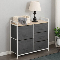 Grey Fabric Chest Of Drawers 5 Drawer Wardrobe Storage Organizer Bedroom - thumbnail 2