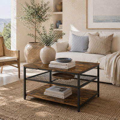 Wyld Haus Nafata Rustic Brown Square Coffee Table With 3-Tier Shelves, 80 X 80 X 45 Cm - image 1