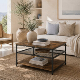 Wyld Haus Nafata Rustic Brown Square Coffee Table With 3-Tier Shelves, 80 X 80 X 45 Cm - thumbnail 1