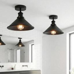 Vintage Ceiling Light Semi-Flush Mount With E27 Fitting 22Cm Conical Lampshade Ceiling Light Fixture Black With Bulb - thumbnail 2