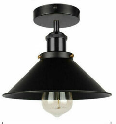 Vintage Ceiling Light Semi-Flush Mount With E27 Fitting 22Cm Conical Lampshade Ceiling Light Fixture Black With Bulb - thumbnail 1