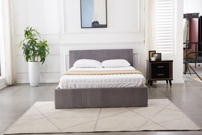 Kosy Koala Ottoman Bed Gas Lift Storage Grey 4Ft6 Double Line Pattern Velvet Bedroom - image 1