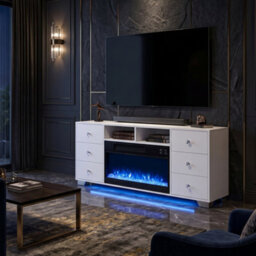 Fenchilin White Electric Fireplace Tv Stand 140Cm, 13 Flame Colours + Rgb Base Led Lights, 6 Drawer Storage Entertainment Unit - thumbnail 1
