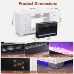 Fenchilin White Electric Fireplace Tv Stand 140Cm, 13 Flame Colours + Rgb Base Led Lights, 6 Drawer Storage Entertainment Unit - thumbnail 5