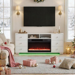 Fenchilin White Electric Fireplace Tv Stand 140Cm, 13 Flame Colours + Rgb Base Led Lights, 6 Drawer Storage Entertainment Unit - thumbnail 2