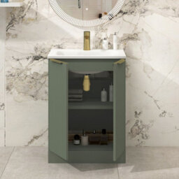 Royal Bathrooms Evora 600mm Sage Green Fluted Floor Standing Bathroom Vanity Unit 2 Door Cabinet Storage With Stone Basin & Brushed Brass Handles - thumbnail 3