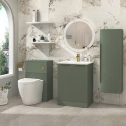 Royal Bathrooms Evora 600mm Sage Green Fluted Floor Standing Bathroom Vanity Unit 2 Door Cabinet Storage With Stone Basin & Brushed Brass Handles - thumbnail 2