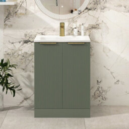 Royal Bathrooms Evora 600mm Sage Green Fluted Floor Standing Bathroom Vanity Unit 2 Door Cabinet Storage With Stone Basin & Brushed Brass Handles
