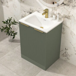 Royal Bathrooms Evora 600mm Sage Green Fluted Floor Standing Bathroom Vanity Unit 2 Door Cabinet Storage With Stone Basin & Brushed Brass Handles - thumbnail 4