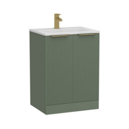 Royal Bathrooms Evora 600mm Sage Green Fluted Floor Standing Bathroom Vanity Unit 2 Door Cabinet Storage With Stone Basin & Brushed Brass Handles - thumbnail 6