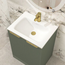 Royal Bathrooms Evora 600mm Sage Green Fluted Floor Standing Bathroom Vanity Unit 2 Door Cabinet Storage With Stone Basin & Brushed Brass Handles - thumbnail 5