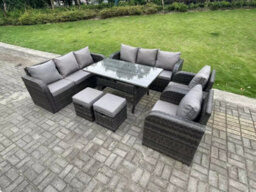 Fimous 10 Seater Rattan Garden Furniture Set Reclining Chair Lounge 3 Seater Sofa Set Outdoor Rectangular Dining Table Stools - thumbnail 1
