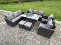 Fimous 10 Seater Rattan Garden Furniture Set Reclining Chair Lounge 3 Seater Sofa Set Outdoor Rectangular Dining Table Stools - thumbnail 2