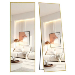 LEDREM Full Length Mirror, Rectangle Full Body Floor Mirror With Stand, Aluminium Alloy Frame, Tempered Glass, For Bedroom, Pale Gold - thumbnail 2