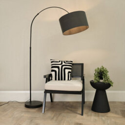 Valuelights Louis Black Arched Curved Floor Lamp With Charcoal Fabric Drum Lamp Shade And Led Bulb