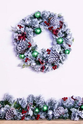 Christmas Tree World 50Cm Flocked Decorated Mixed Pine Wreath With Tartan Bows - image 1