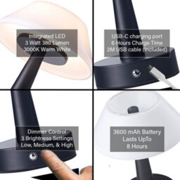 Happy Homewares Matt Black Rechargeable Touch Dimmable Table Lamp With Opal White Domed Shade - thumbnail 4